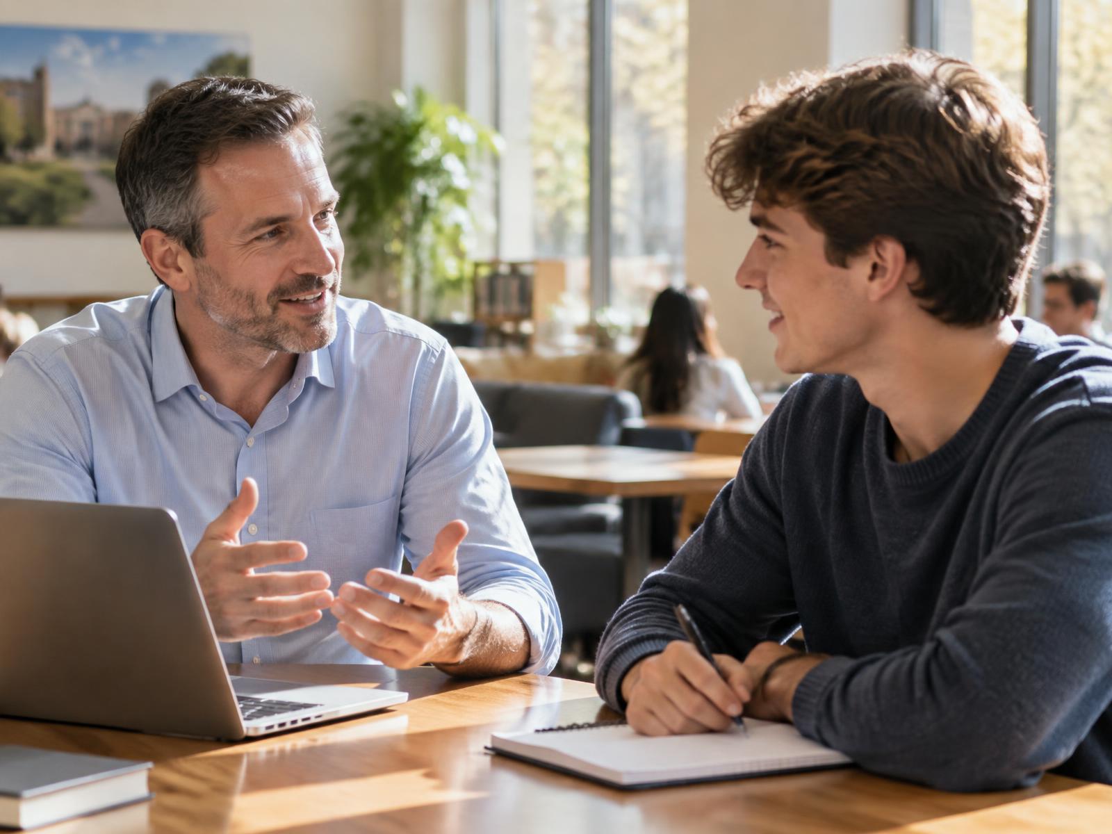 Alumni mentor and undergraduate brother in conversation on campus